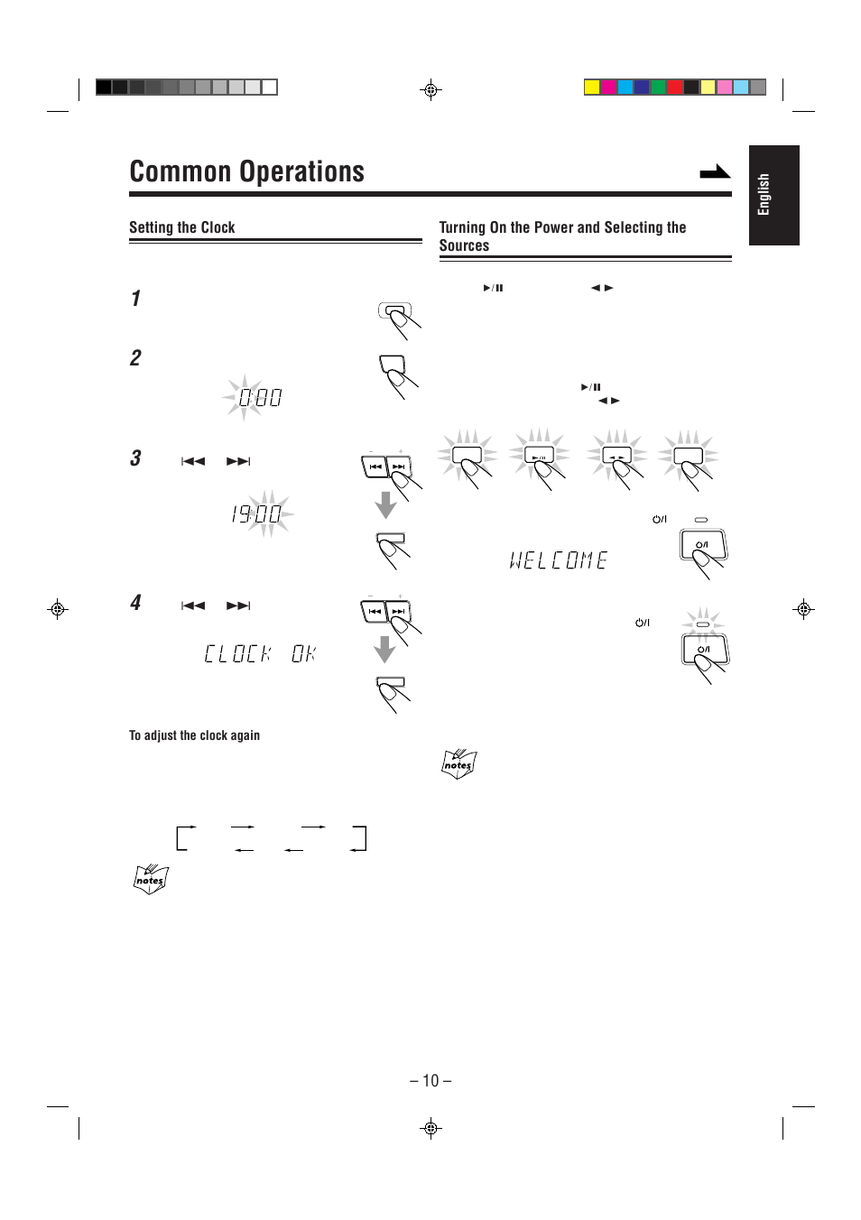 Common operations, Setting the clock, Turning on the power and selecting the sources | JVC CA-MXJ75R User Manual | Page 15 / 36