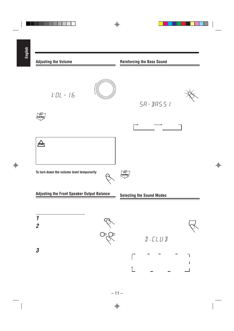 Reinforcing the bass sound, Selecting the sound modes, Adjusting the volume | Adjusting the front speaker output balance | JVC CA-MXJ75R User Manual | Page 16 / 36