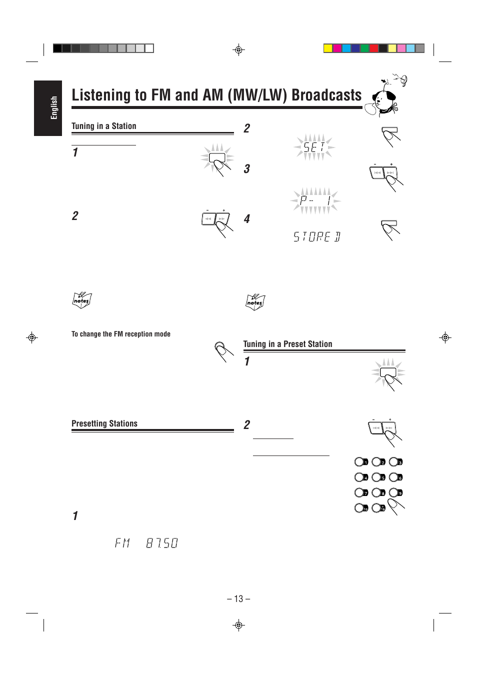 Listening to fm and am (mw/lw) broadcasts, Tuning in a station, Presetting stations | Tuning in a preset station | JVC CA-MXJ75R User Manual | Page 18 / 36