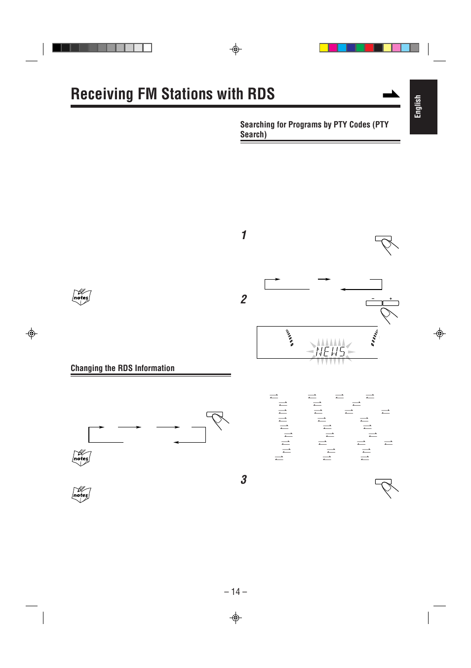 Receiving fm stations with rds, Changing the rds information, Searching for programs by pty codes (pty search) | JVC CA-MXJ75R User Manual | Page 19 / 36