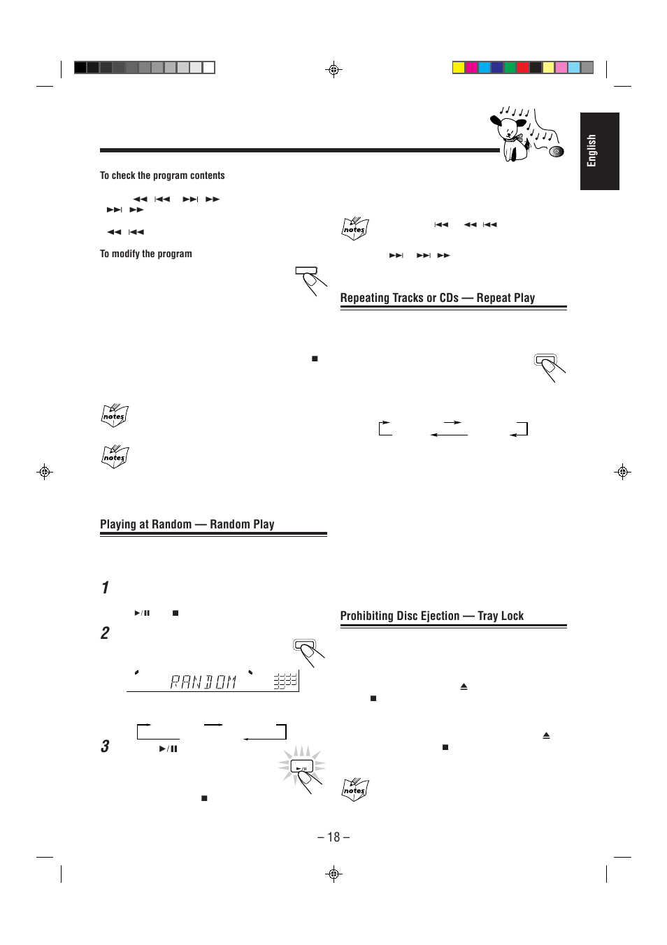 Repeating tracks or cds — repeat play, Prohibiting disc ejection — tray lock, Playing at random — random play | JVC CA-MXJ75R User Manual | Page 23 / 36