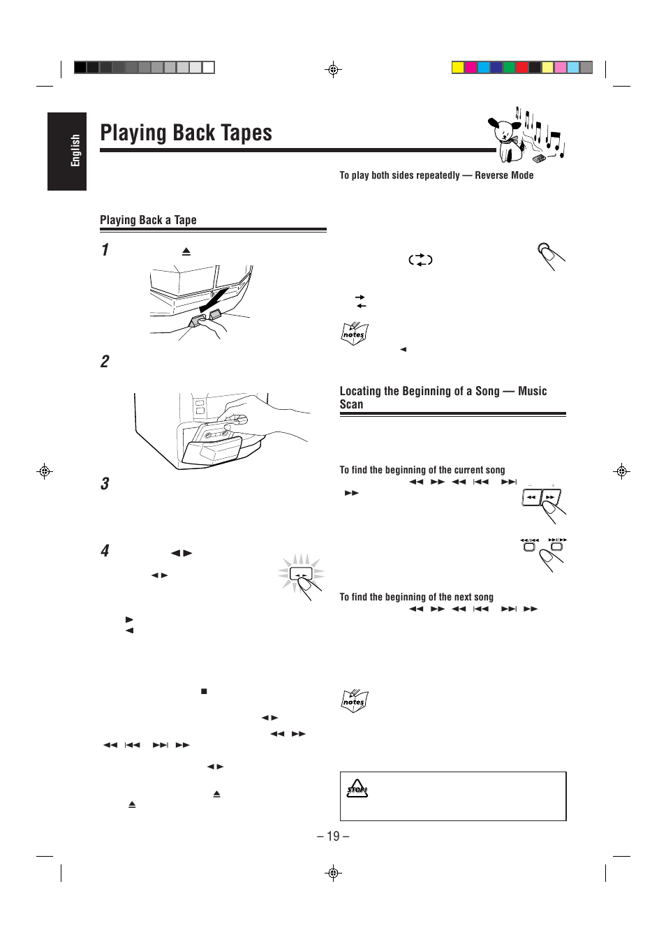 Playing back tapes, Playing back a tape, Locating the beginning of a song — music scan | JVC CA-MXJ75R User Manual | Page 24 / 36