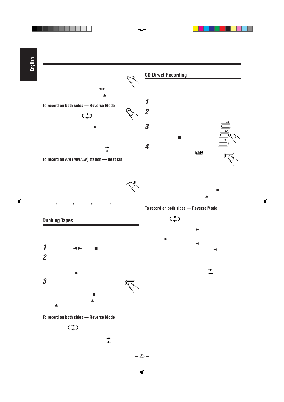 Cd direct recording, Dubbing tapes | JVC CA-MXJ75R User Manual | Page 28 / 36