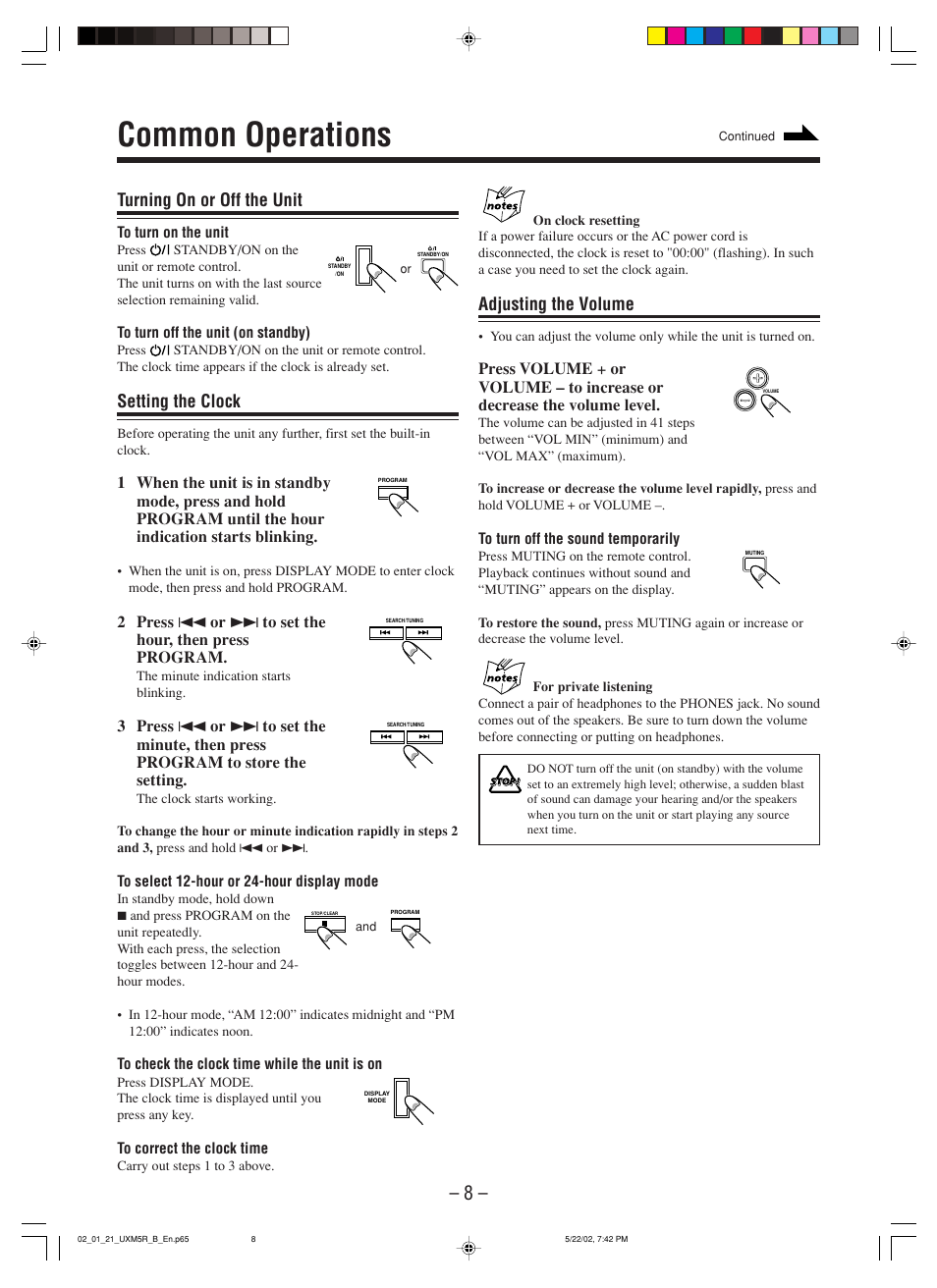 Common operations, Turning on or off the unit, Setting the clock | Adjusting the volume | JVC SP-UXM5 User Manual | Page 11 / 24