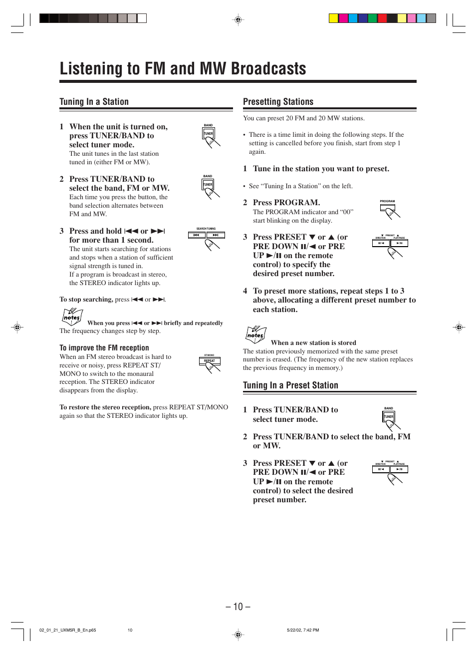 Listening to fm and mw broadcasts, Tuning in a station, Presetting stations | Tuning in a preset station | JVC SP-UXM5 User Manual | Page 13 / 24