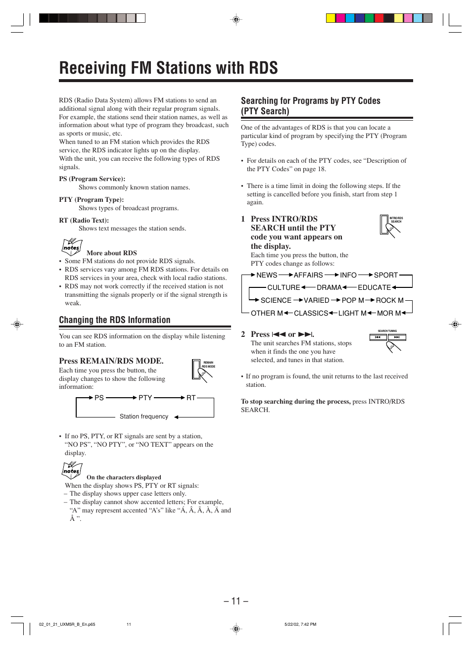 Receiving fm stations with rds, Changing the rds information, Searching for programs by pty codes (pty search) | JVC SP-UXM5 User Manual | Page 14 / 24
