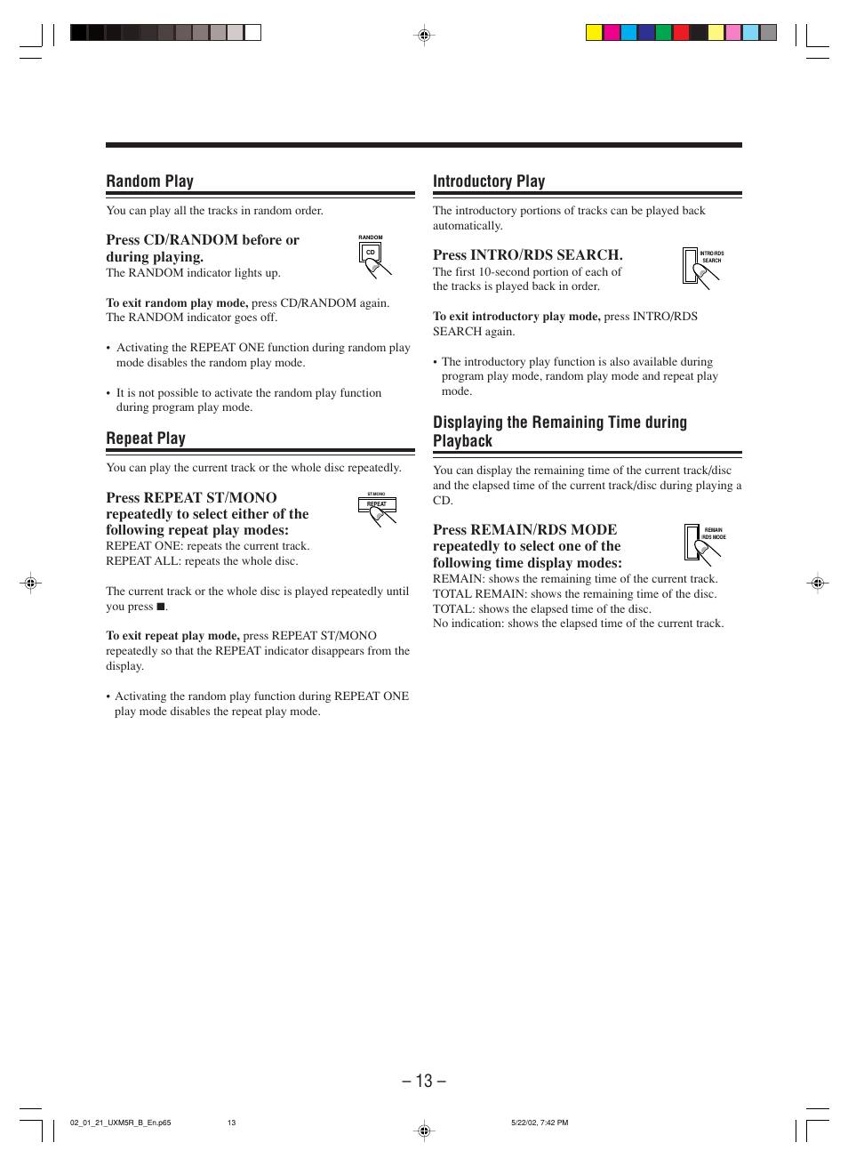 Random play, Repeat play, Introductory play | Displaying the remaining time during playback | JVC SP-UXM5 User Manual | Page 16 / 24