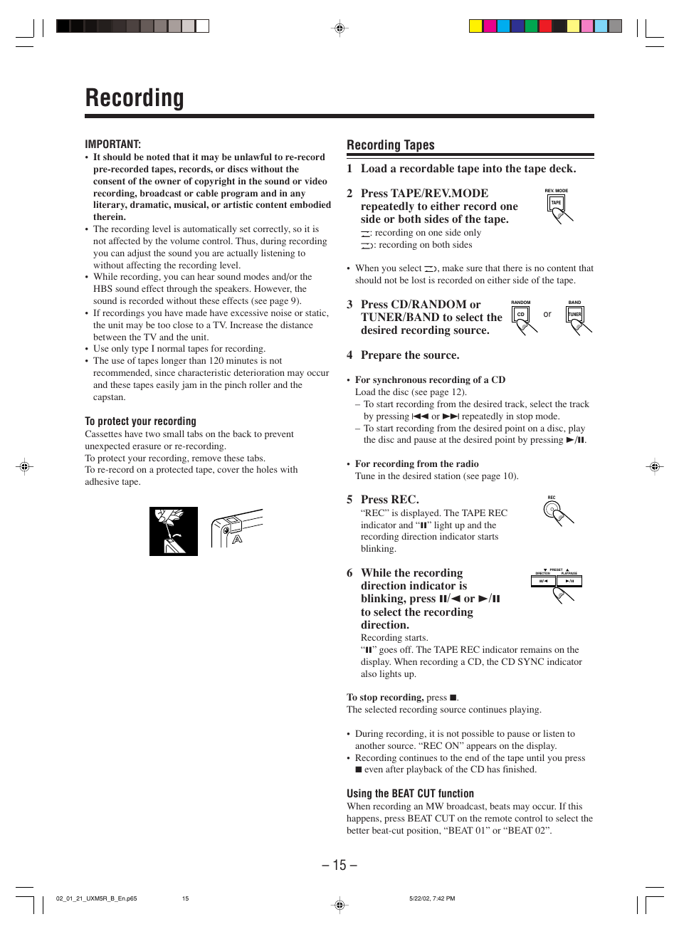 Recording, Recording tapes | JVC SP-UXM5 User Manual | Page 18 / 24