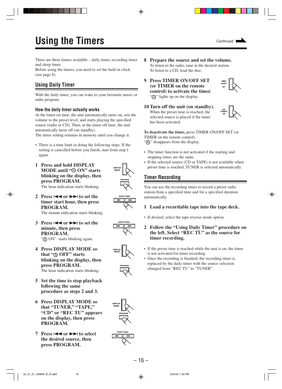 Using the timers, Using daily timer, Timer recording | JVC SP-UXM5 User Manual | Page 19 / 24