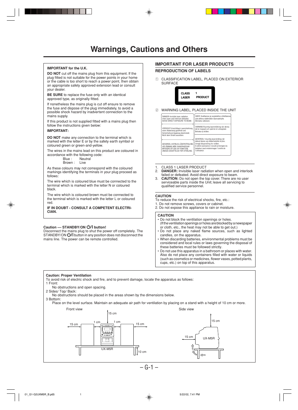 Warnings, cautions and others, Important for laser products | JVC SP-UXM5 User Manual | Page 2 / 24