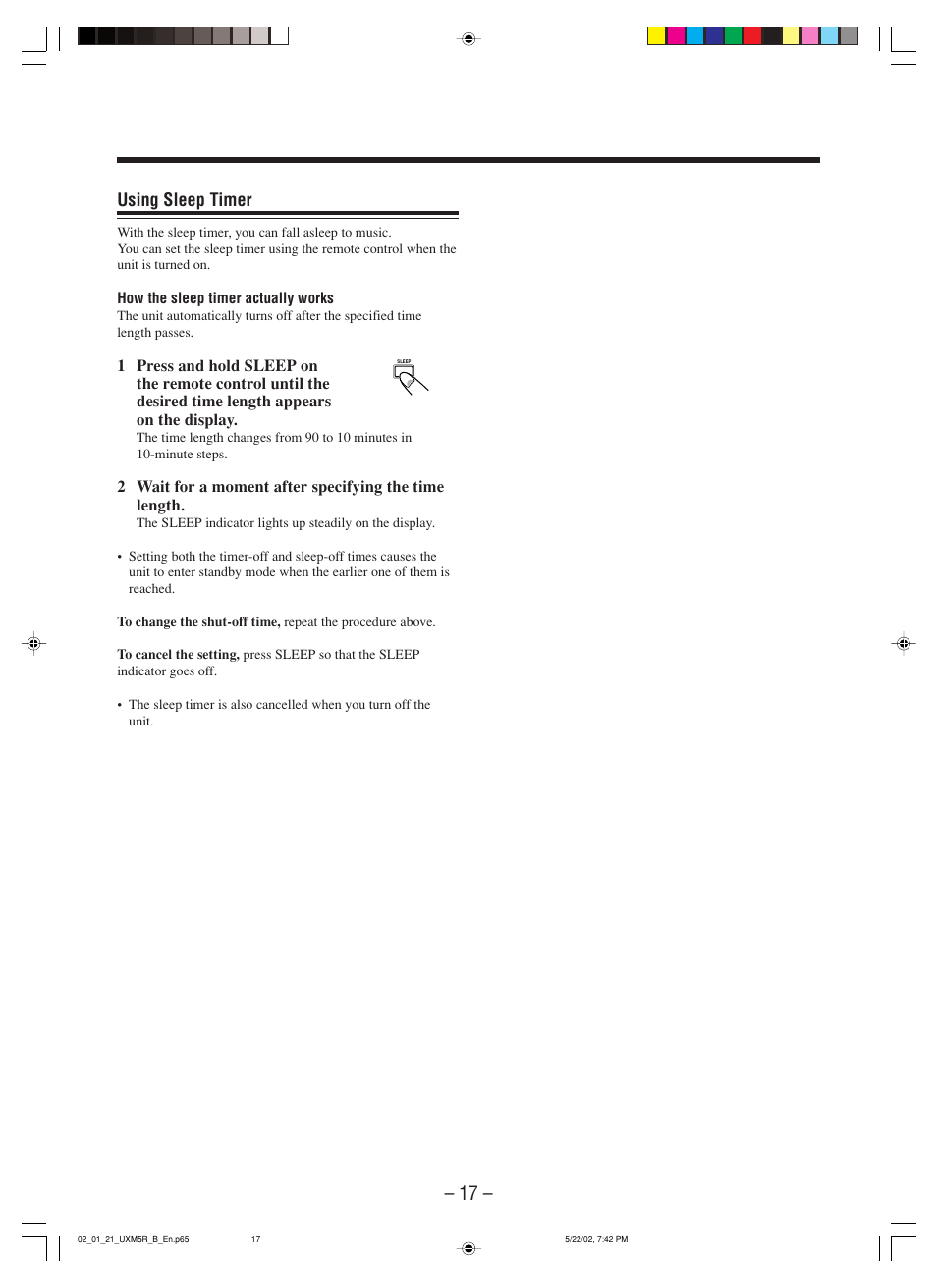 Using sleep timer | JVC SP-UXM5 User Manual | Page 20 / 24