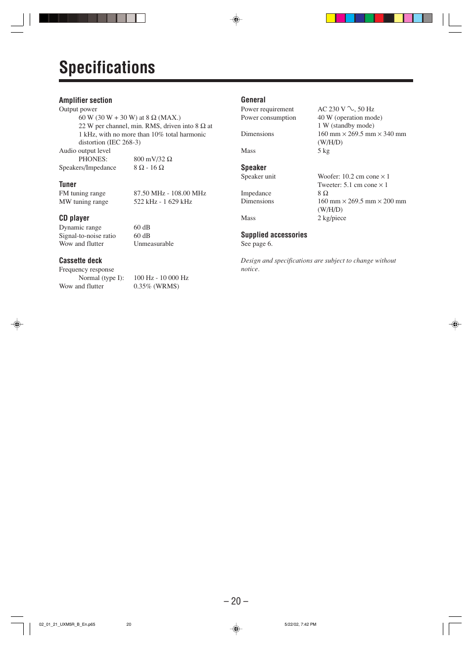 Specifications | JVC SP-UXM5 User Manual | Page 23 / 24