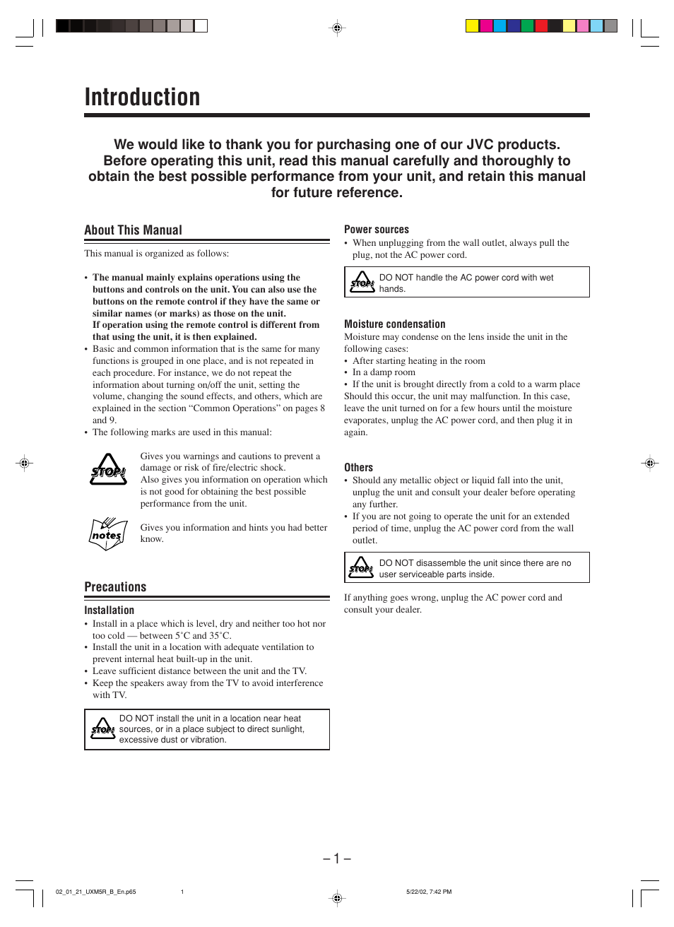 Introduction | JVC SP-UXM5 User Manual | Page 4 / 24