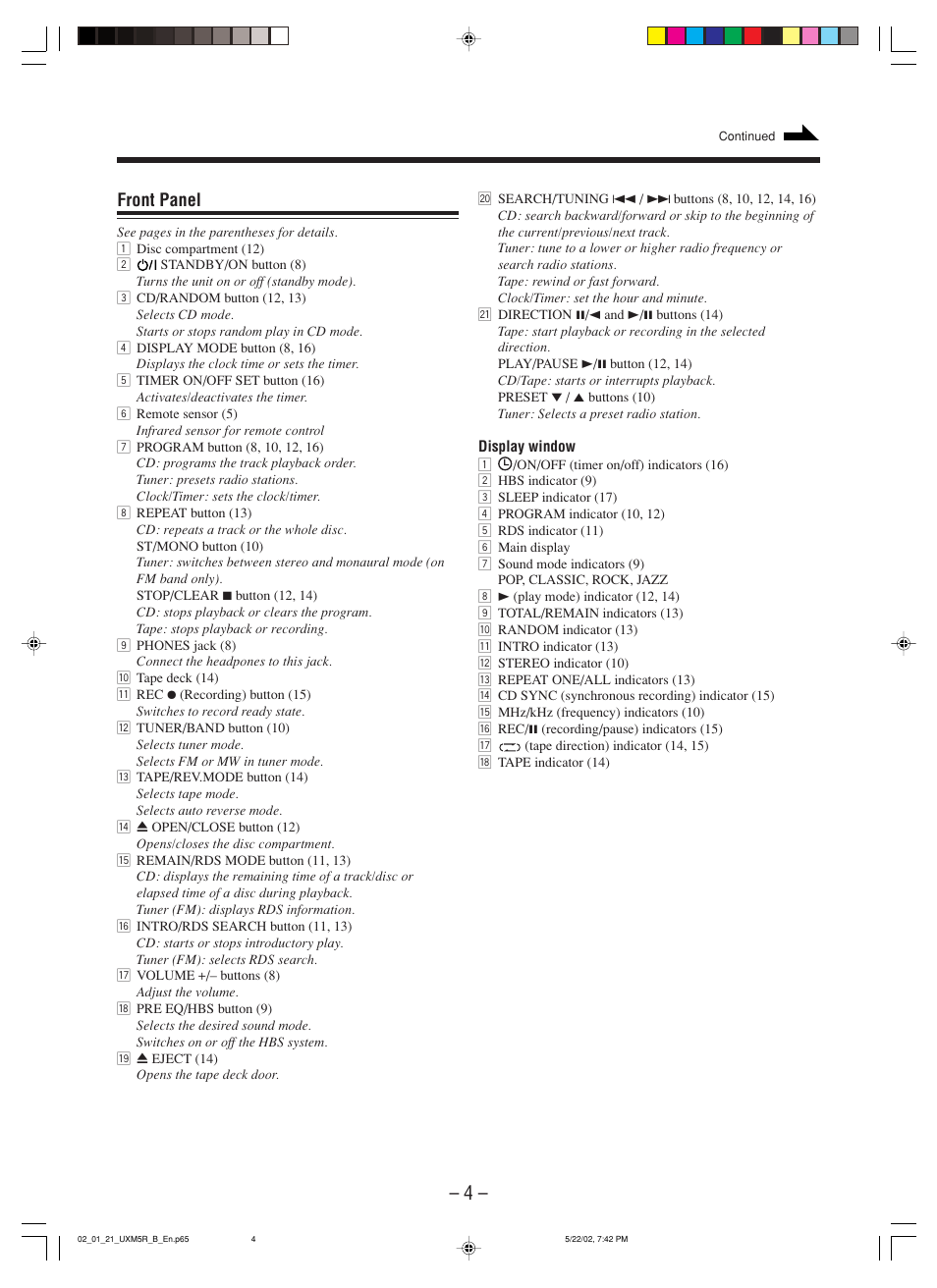 Front panel | JVC SP-UXM5 User Manual | Page 7 / 24