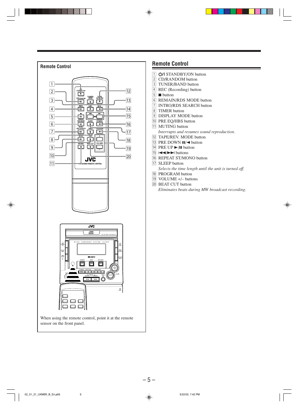 Remote control | JVC SP-UXM5 User Manual | Page 8 / 24