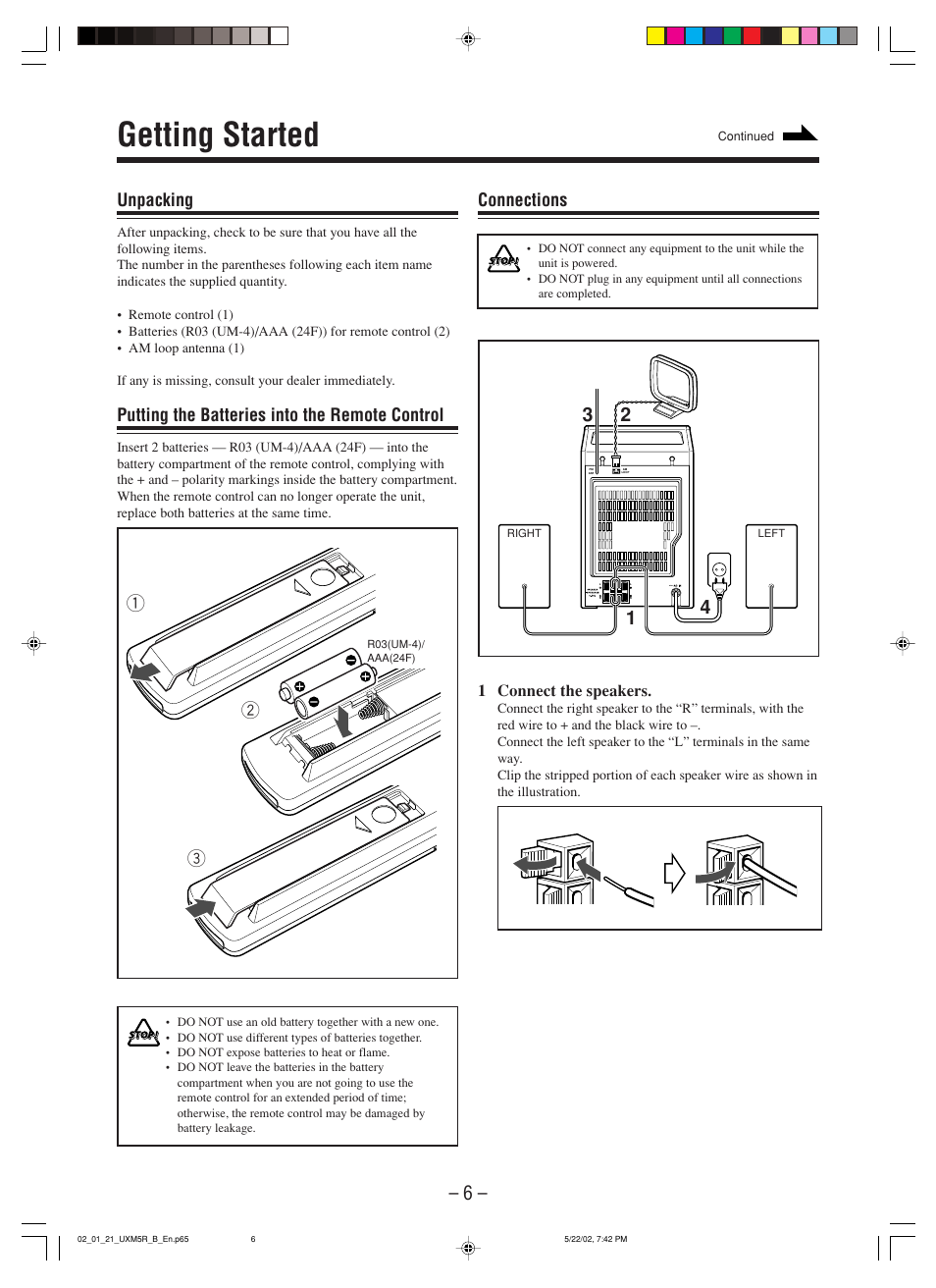 Getting started, Unpacking, Putting the batteries into the remote control | Connections, 1 connect the speakers | JVC SP-UXM5 User Manual | Page 9 / 24