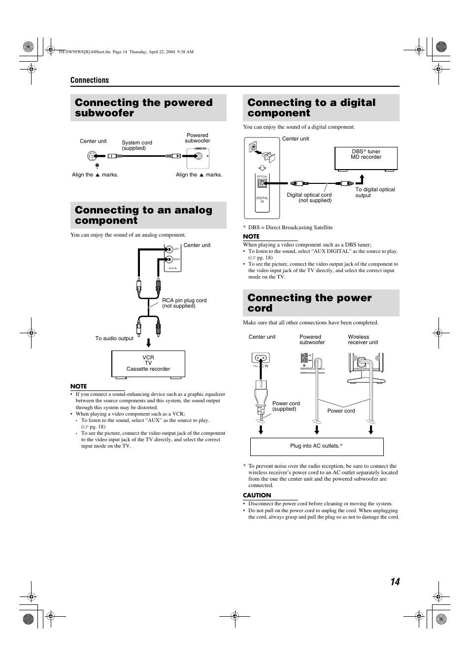 Connecting the powered subwoofer, Connecting to an analog component, Connecting to a digital component | Connecting the power cord, Pg. 14, Connections | JVC TH-SW8 User Manual | Page 19 / 52