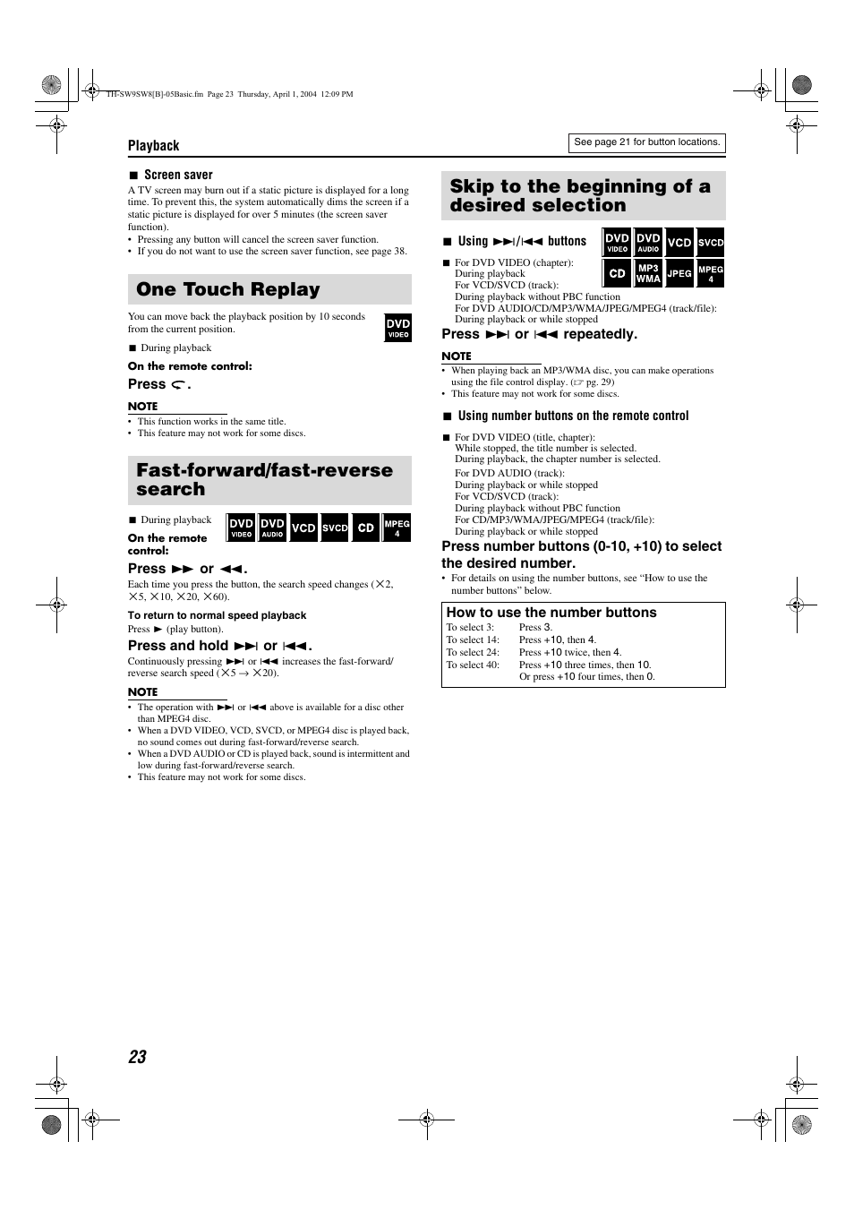 One touch replay, Fast-forward/fast-reverse search, Skip to the beginning of a desired selection | Pg. 23, 41 pg. 23, 43, Pg. 23 | JVC TH-SW8 User Manual | Page 28 / 52
