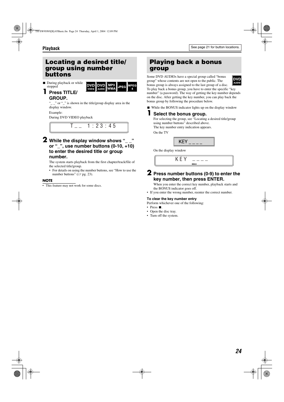 Playing back a bonus group, Pg. 24, To 24 | T : 2 3 : 4 5, K e y | JVC TH-SW8 User Manual | Page 29 / 52