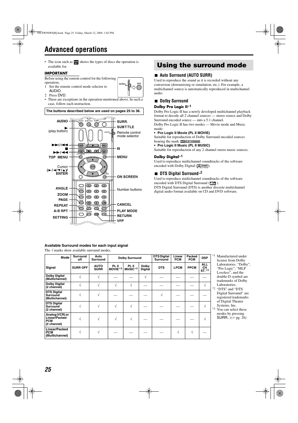 Advanced operations, Using the surround mode, A pg. 25) | 7auto surround (auto surr), 7dolby surround, 7dts digital surround | JVC TH-SW8 User Manual | Page 30 / 52