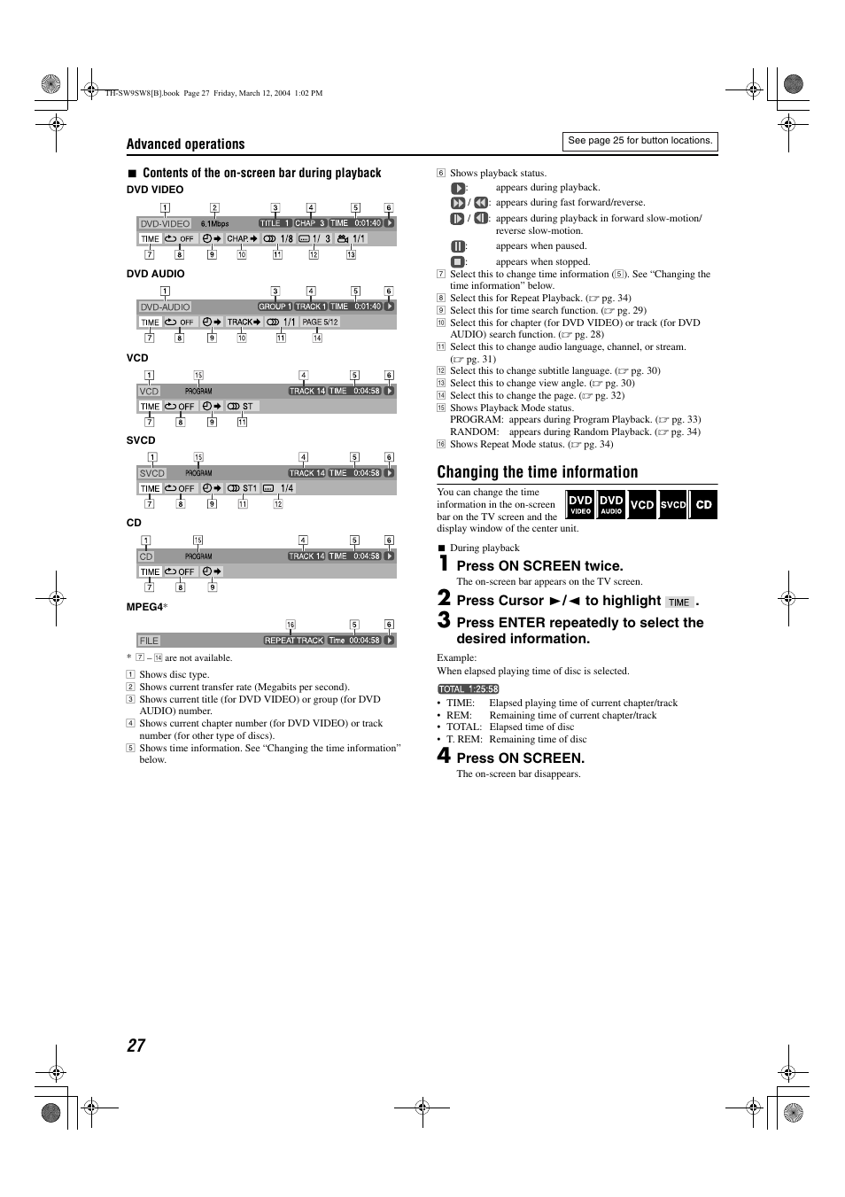 A pg. 27), Changing the time information | JVC TH-SW8 User Manual | Page 32 / 52