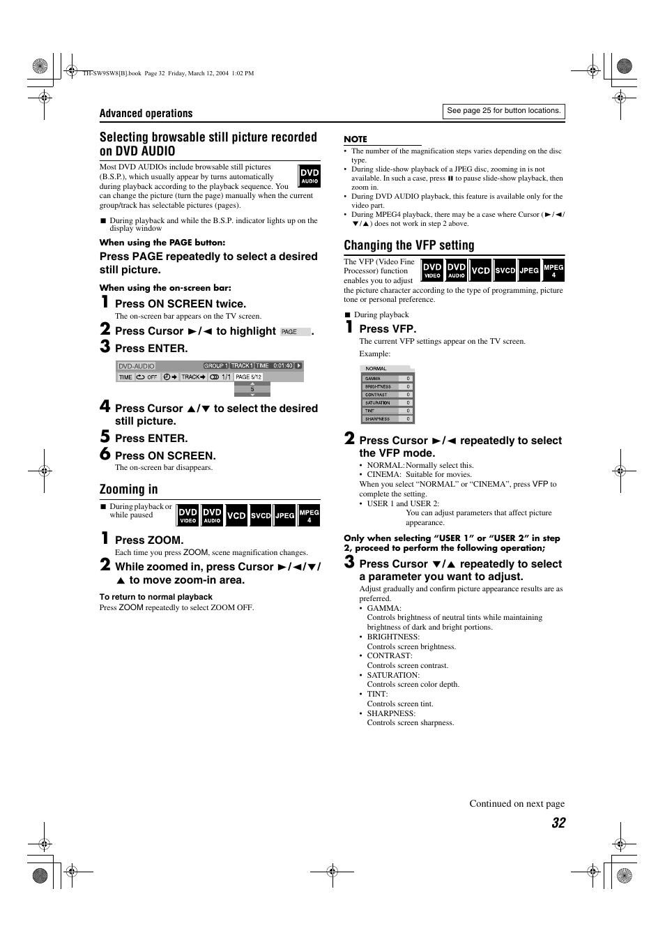 Pg. 32, A pg. 32), Zooming in | Changing the vfp setting | JVC TH-SW8 User Manual | Page 37 / 52