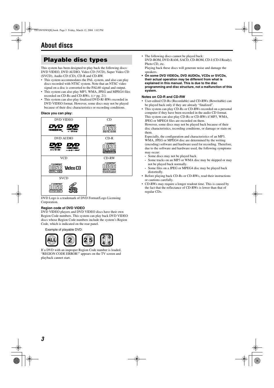 About discs, Playable disc types | JVC TH-SW8 User Manual | Page 8 / 52