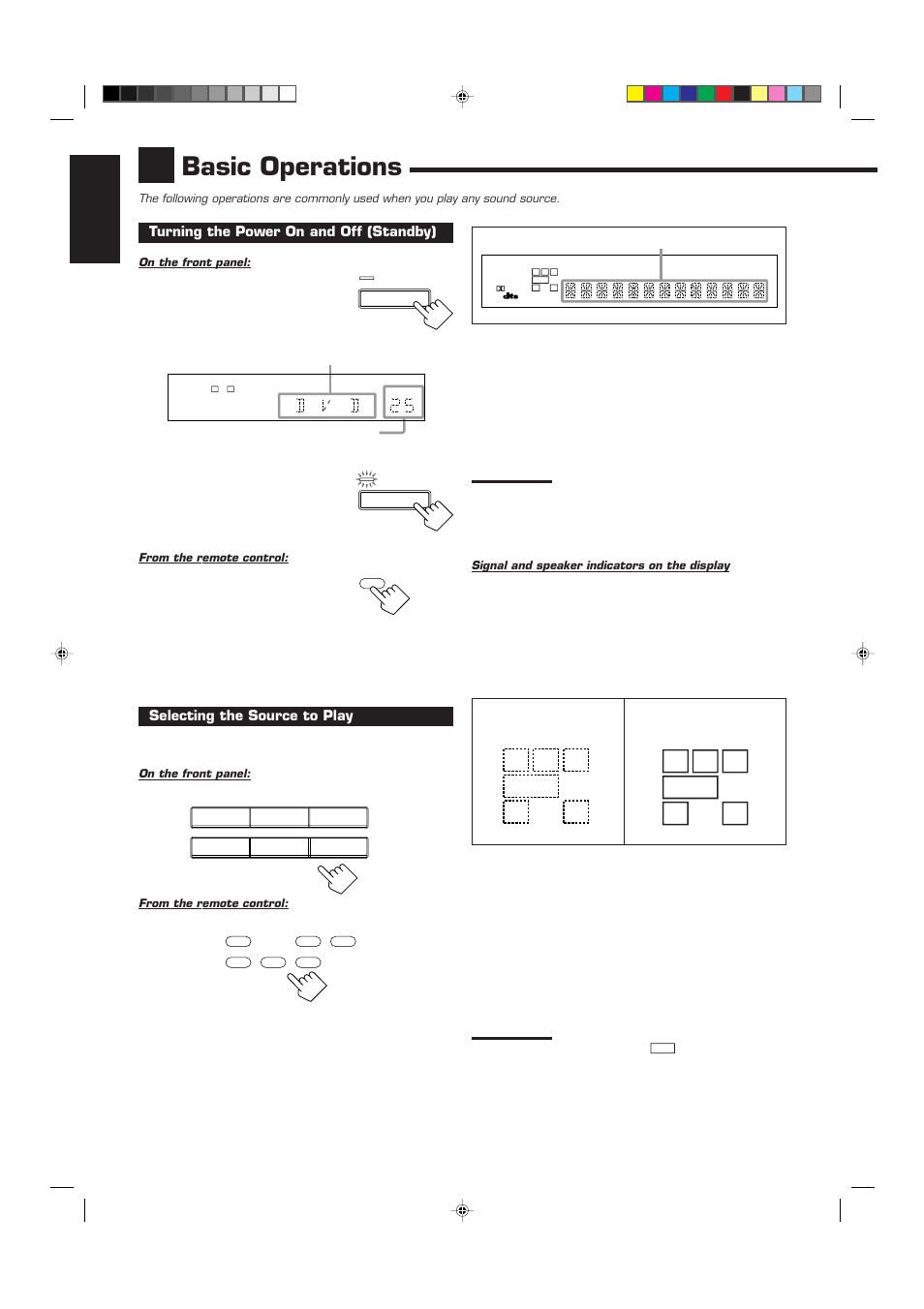 Basic operations, Rc l, English | S.wfr ls rs s lfe, Turning the power on and off (standby), Selecting the source to play | JVC RX-6510VBK User Manual | Page 12 / 40