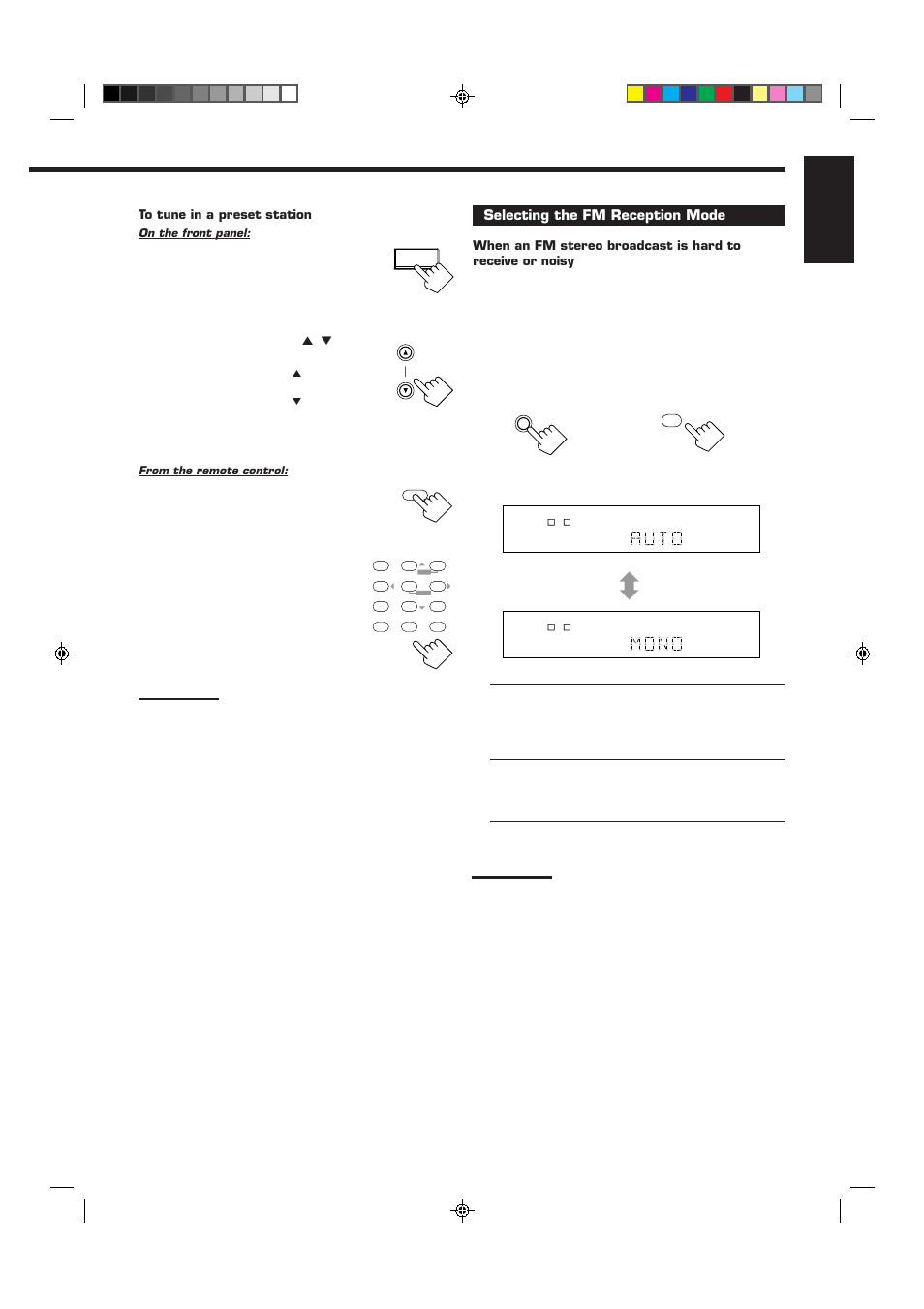 English, Press fm/am to select the band (fm or am), Press fm/am | Selecting the fm reception mode | JVC RX-6510VBK User Manual | Page 21 / 40