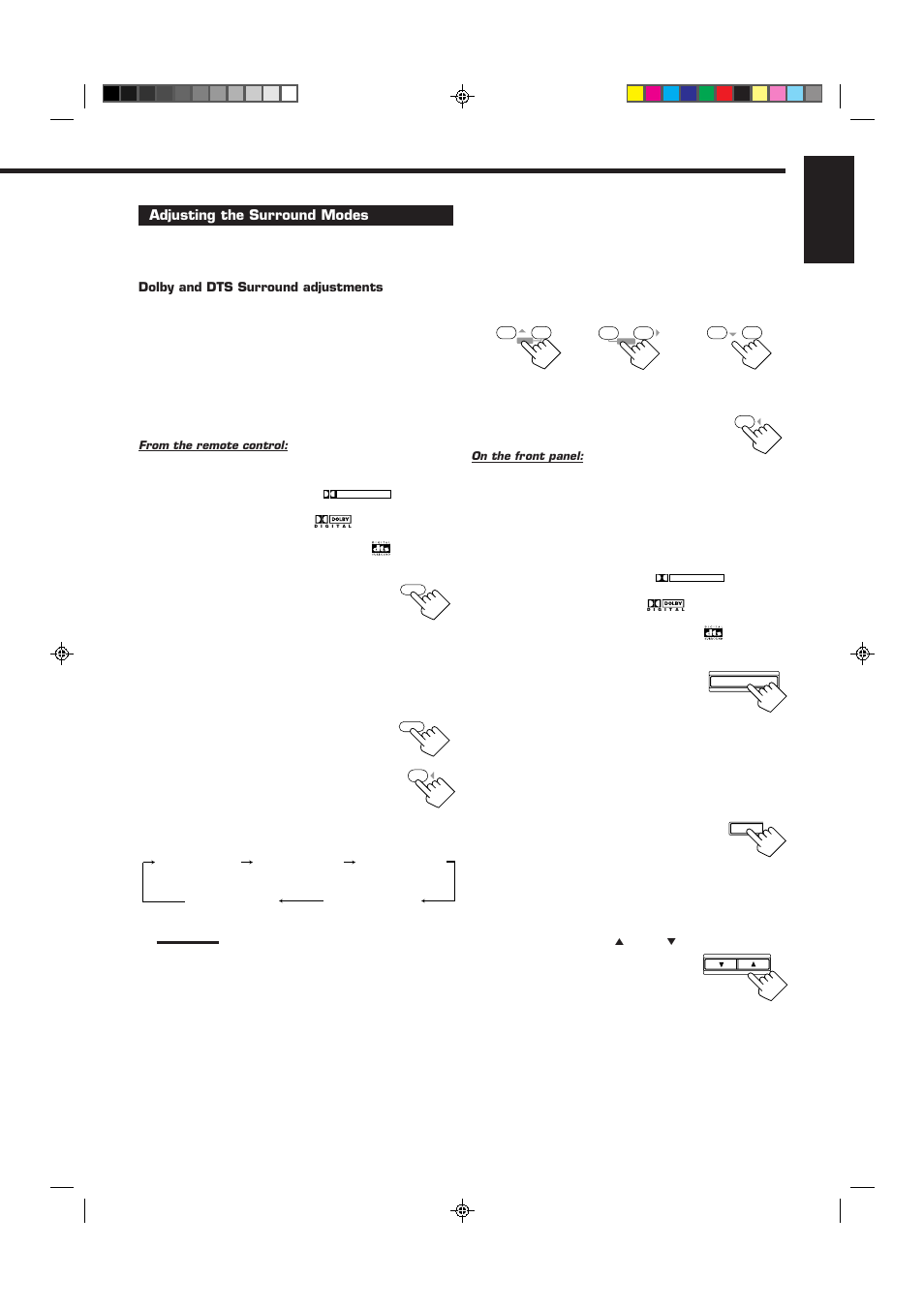 English, Adjusting the surround modes, Select and play a sound source | Press sound, Press test to check the speaker output balance, Adjust the speaker output levels, Press test again to stop the test tone | JVC RX-6510VBK User Manual | Page 25 / 40