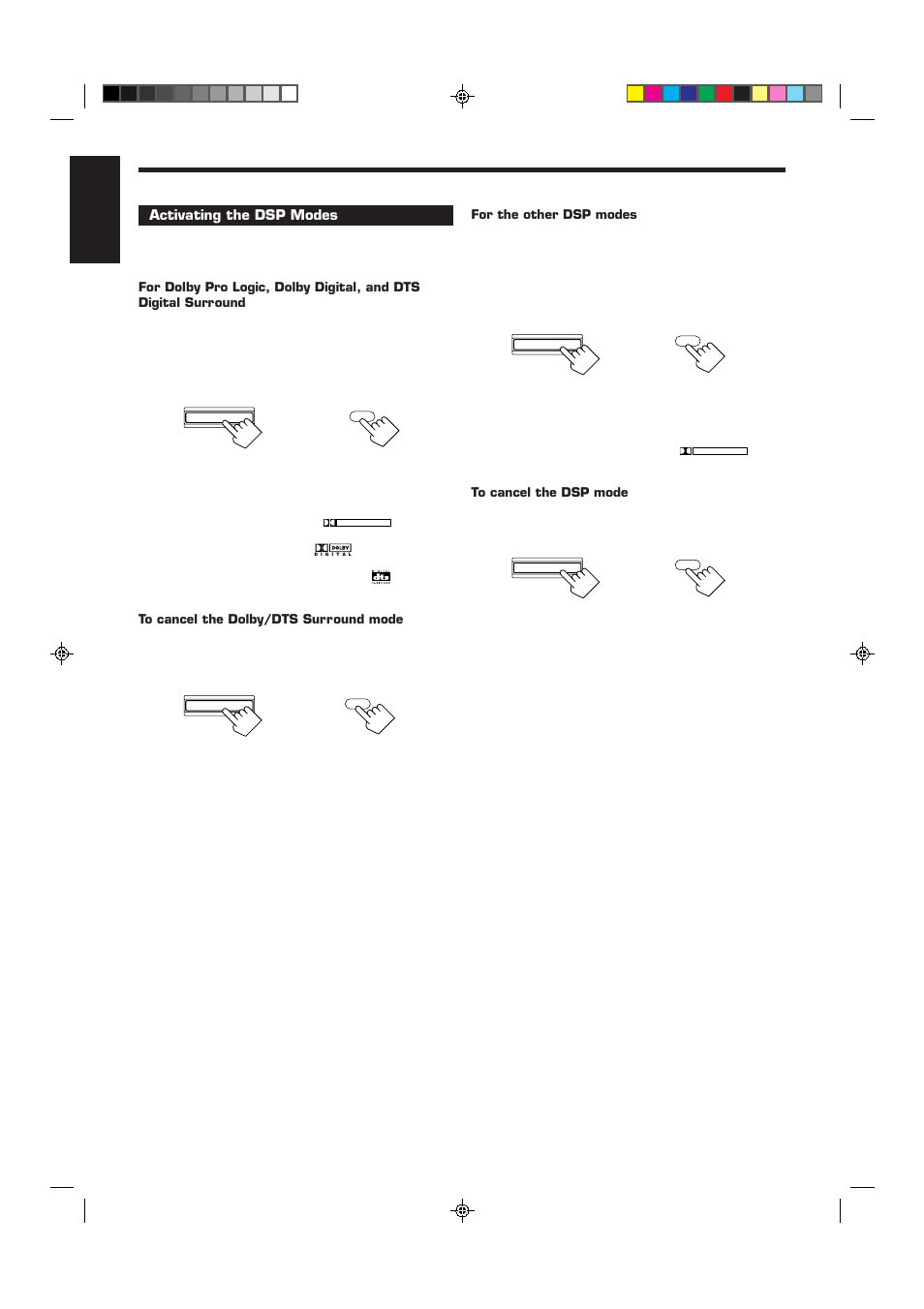 English, Activating the dsp modes, Press surround on/off | Select and play a sound source | JVC RX-6510VBK User Manual | Page 28 / 40