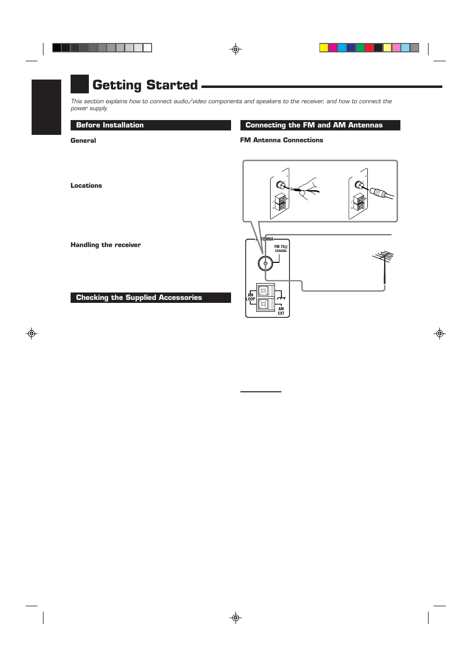 Getting started, English, Before installation | Checking the supplied accessories, Connecting the fm and am antennas, General, Locations, Handling the receiver, Fm antenna connections | JVC RX-6510VBK User Manual | Page 6 / 40
