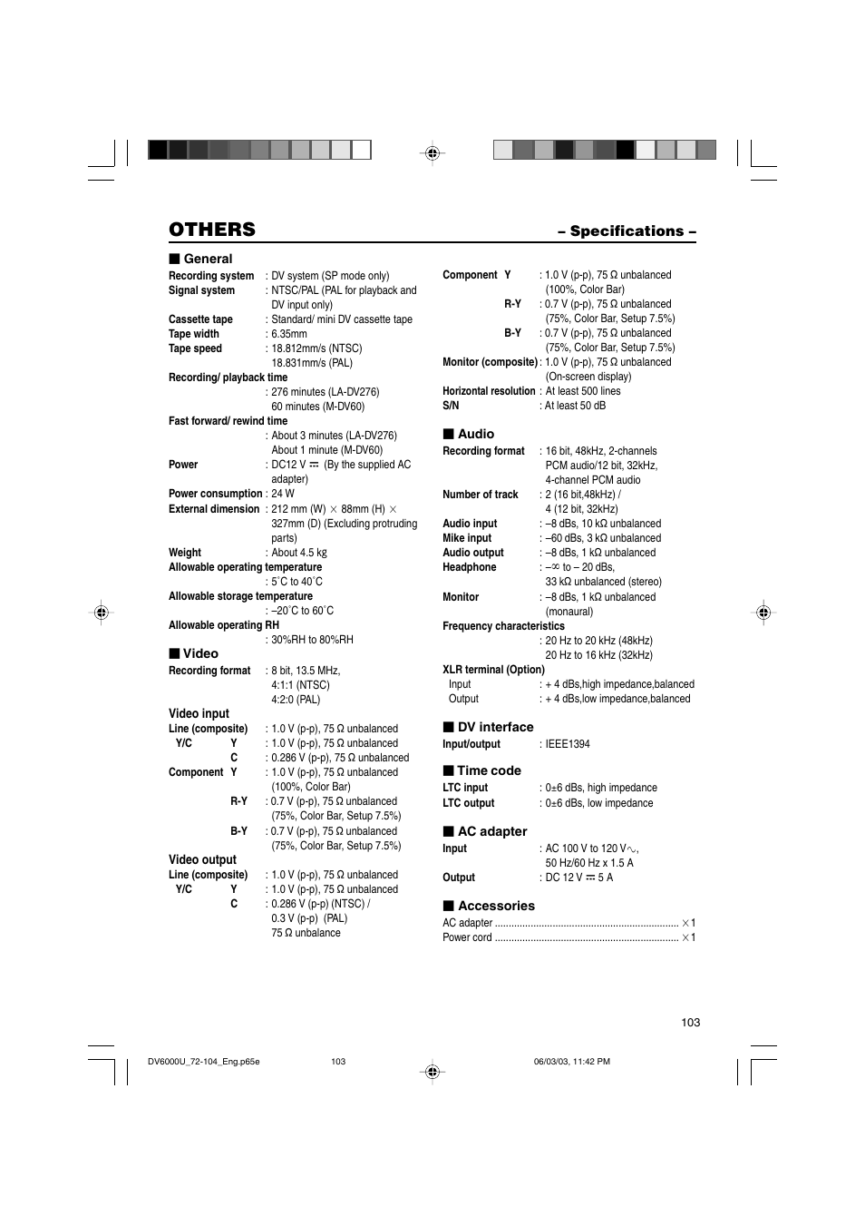 Specifications, Others | JVC BR-DV6000 User Manual | Page 103 / 106