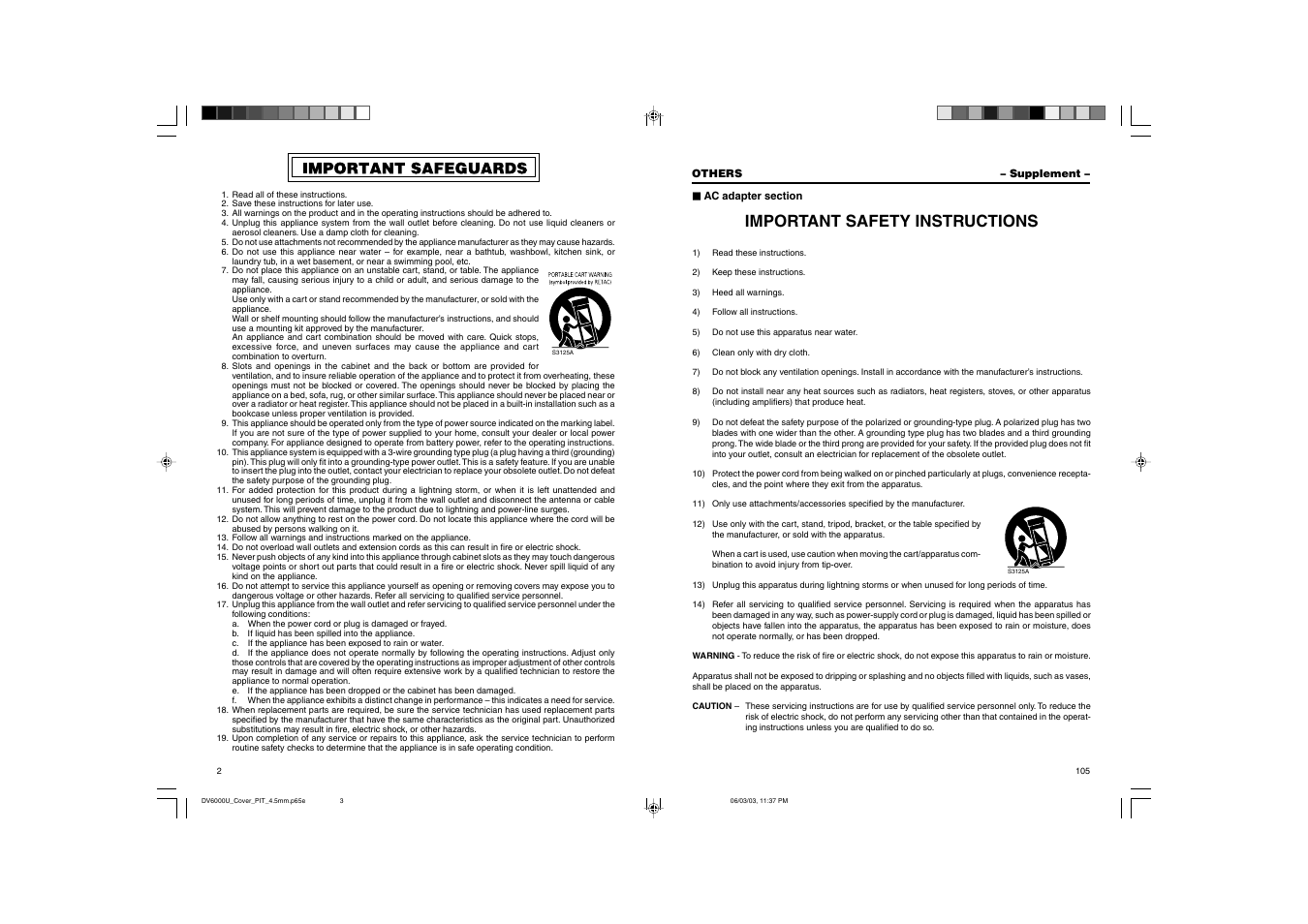 Supplement, Important safety instructions, Others – supplement | JVC BR-DV6000 User Manual | Page 105 / 106