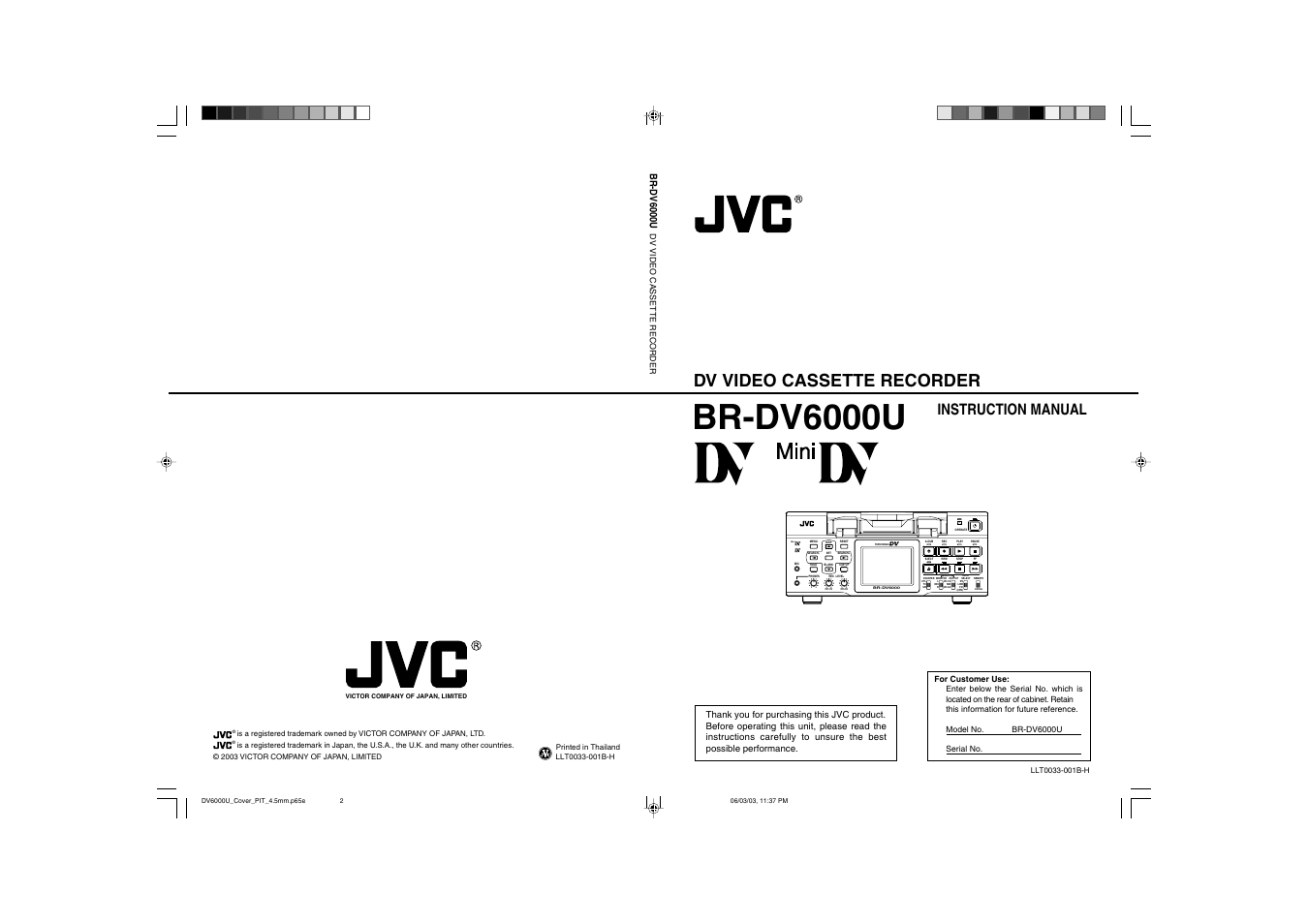 Br-dv6000u, Instruction manual, Dv video cassette recorder | JVC BR-DV6000 User Manual | Page 106 / 106