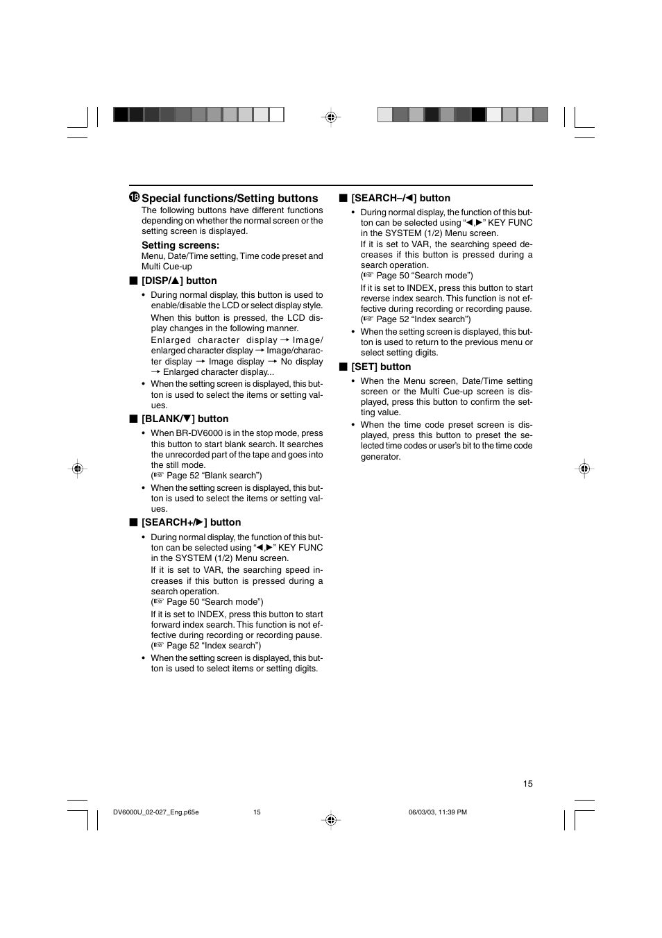 Special functions/setting buttons | JVC BR-DV6000 User Manual | Page 15 / 106