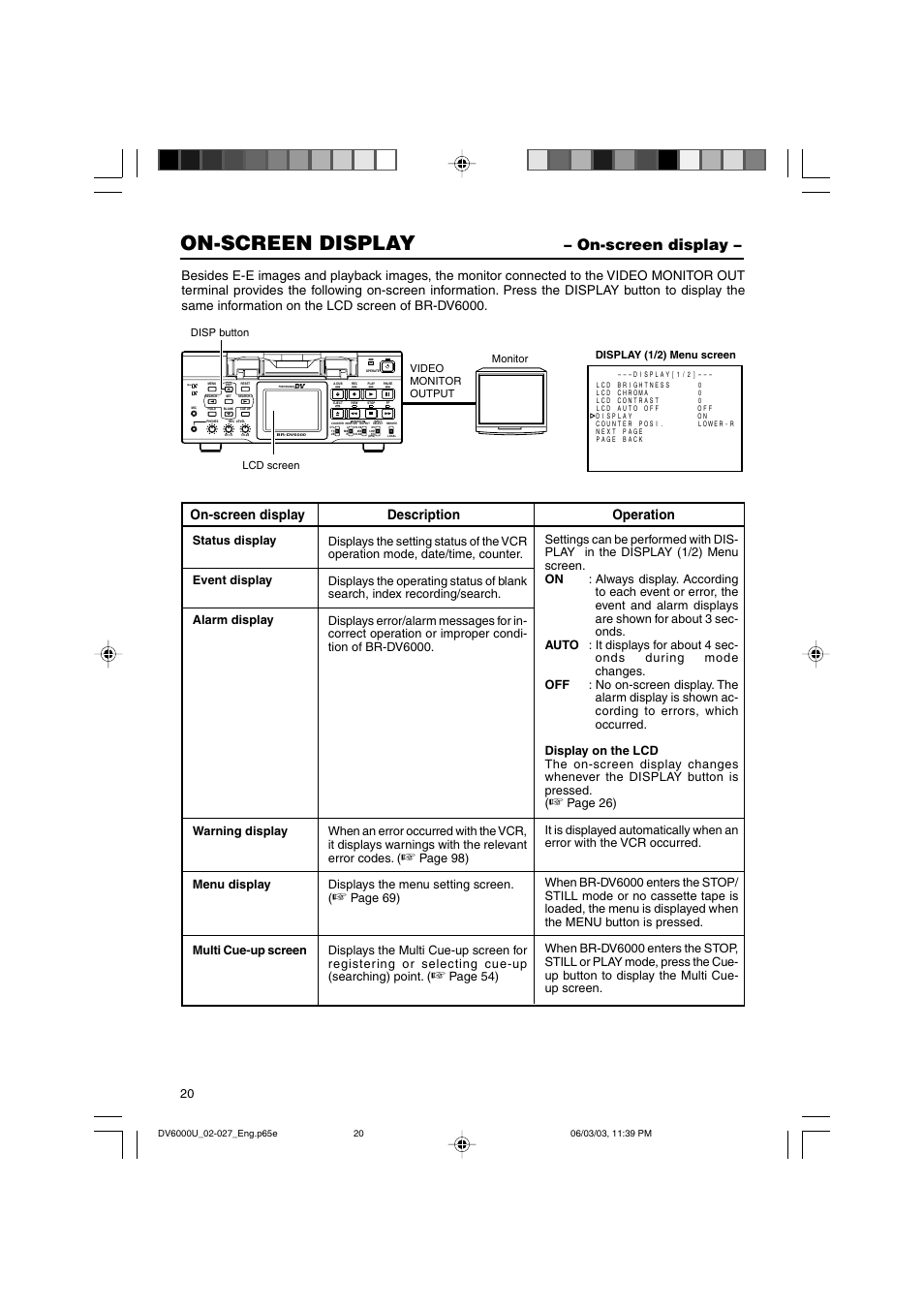 On-screen display, On-screen display description operation, Page 98) displays the menu setting screen | JVC BR-DV6000 User Manual | Page 20 / 106