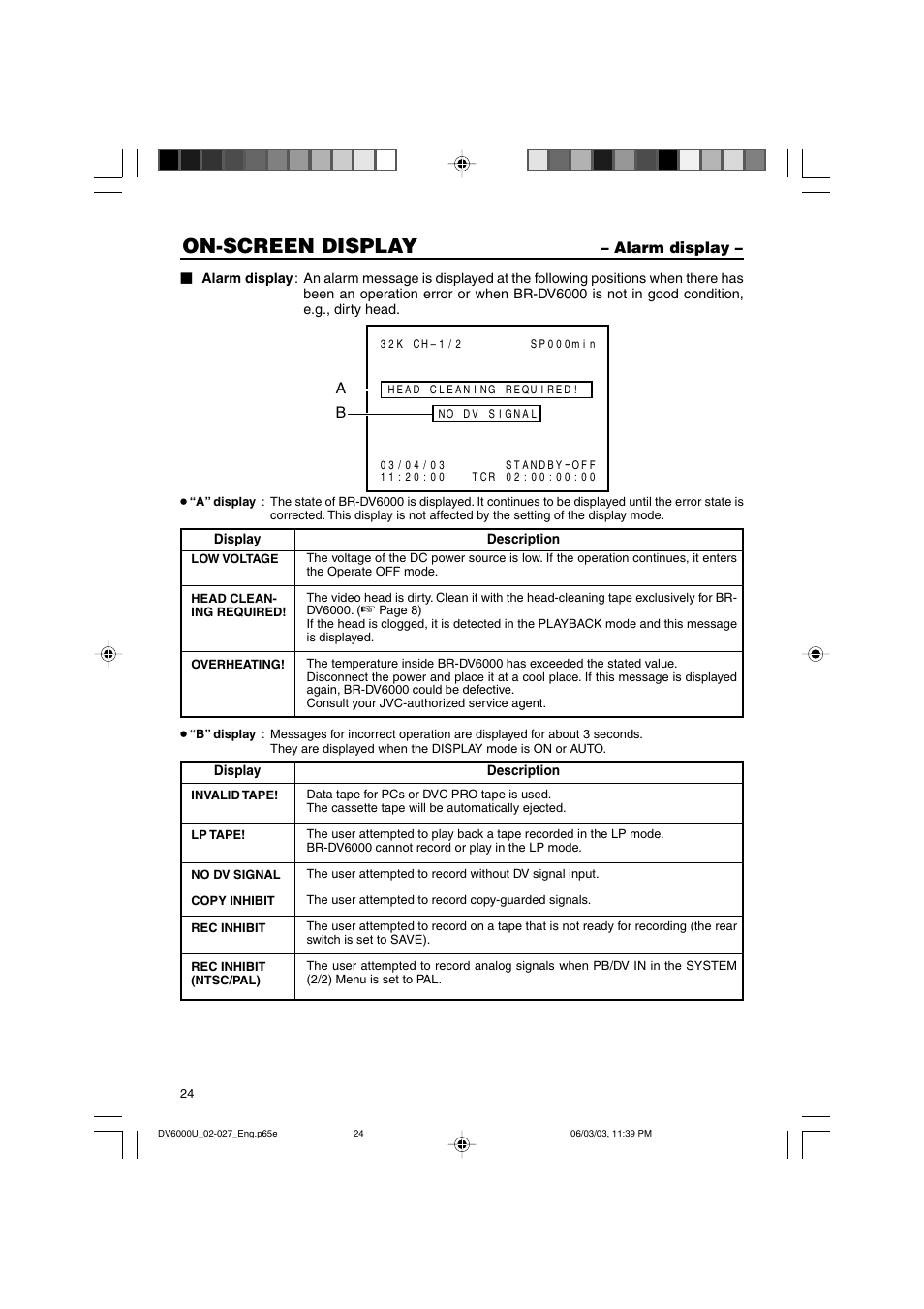 Alarm display, On-screen display | JVC BR-DV6000 User Manual | Page 24 / 106