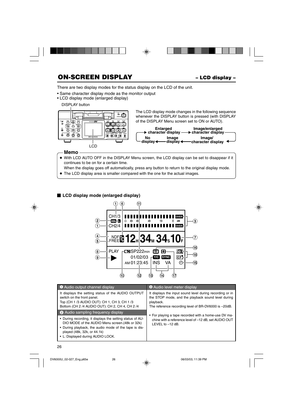 Lcd display, On-screen display, Ch1/3 | Lcd display mode (enlarged display) | JVC BR-DV6000 User Manual | Page 26 / 106
