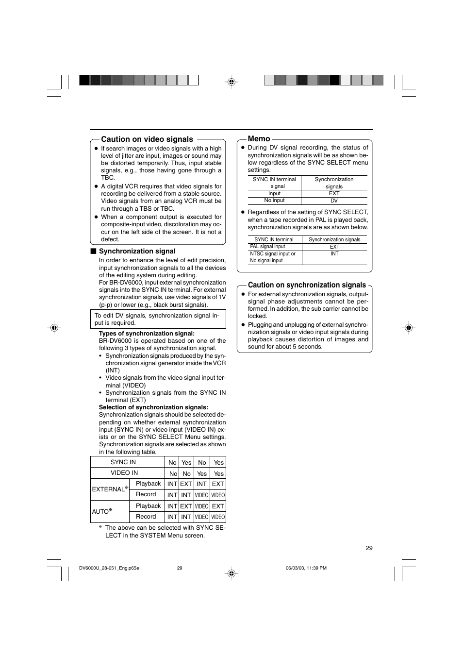 Caution on video signals, Caution on synchronization signals | JVC BR-DV6000 User Manual | Page 29 / 106