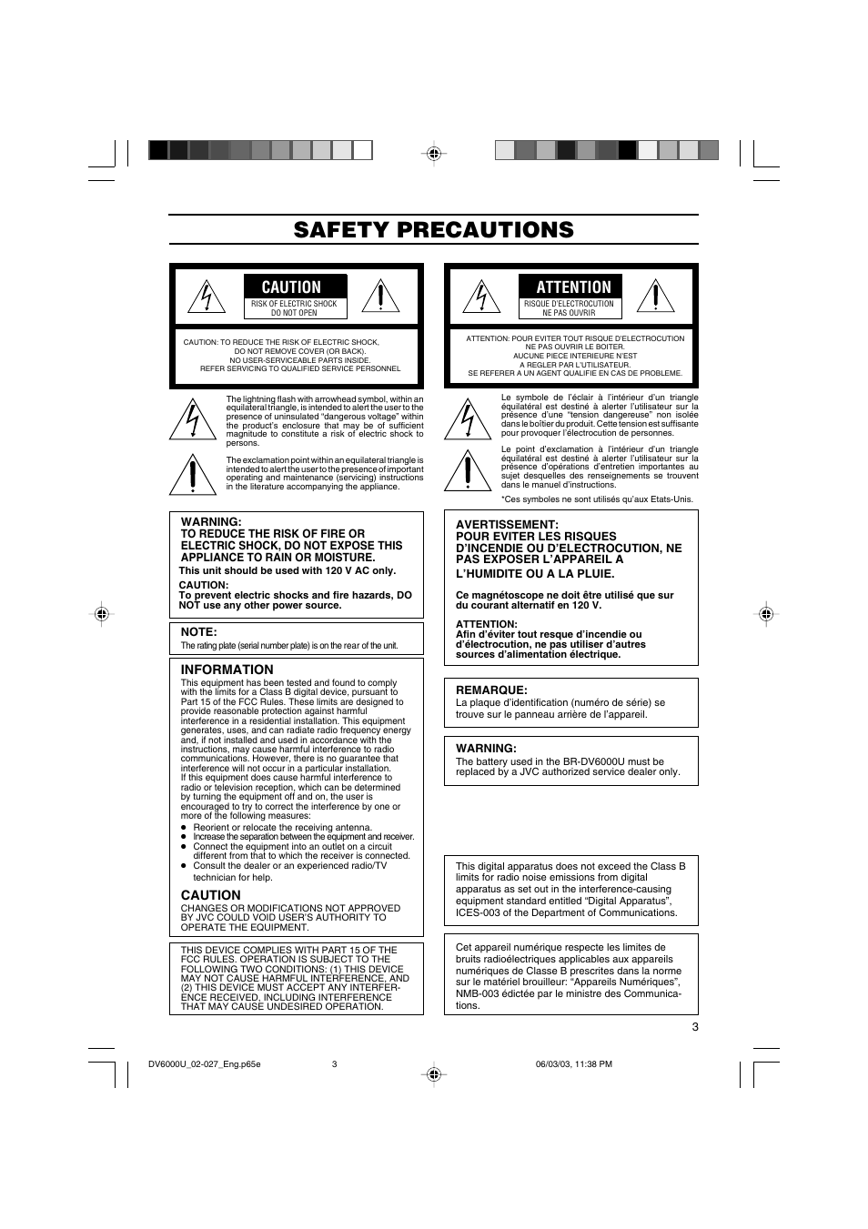 Safety precautions, Caution, Attention | Information | JVC BR-DV6000 User Manual | Page 3 / 106