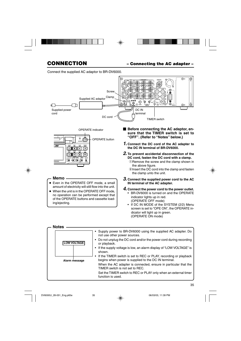Connecting the ac adapter, Connection, Connect the supplied ac adaptor to br-dv6000 | JVC BR-DV6000 User Manual | Page 35 / 106