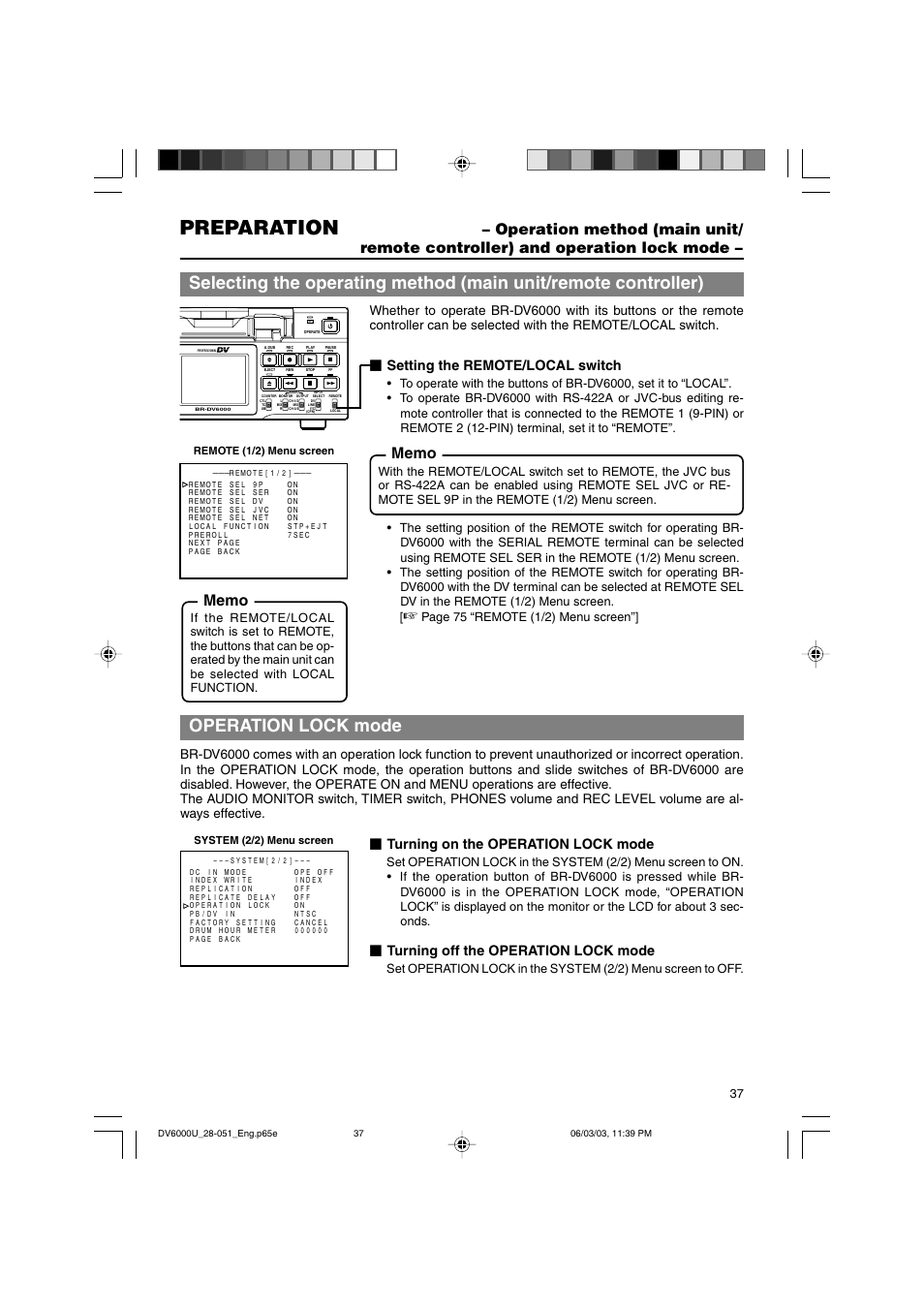 Preparation, Setting the remote/local switch, Turning on the operation lock mode | Turning off the operation lock mode, Page 75 “remote (1/2) menu screen | JVC BR-DV6000 User Manual | Page 37 / 106