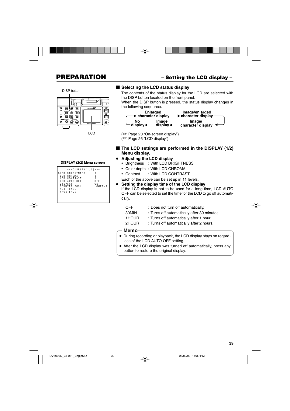 Setting the lcd display, Preparation, Selecting the lcd status display | Adjusting the lcd display, Setting the display time of the lcd display | JVC BR-DV6000 User Manual | Page 39 / 106