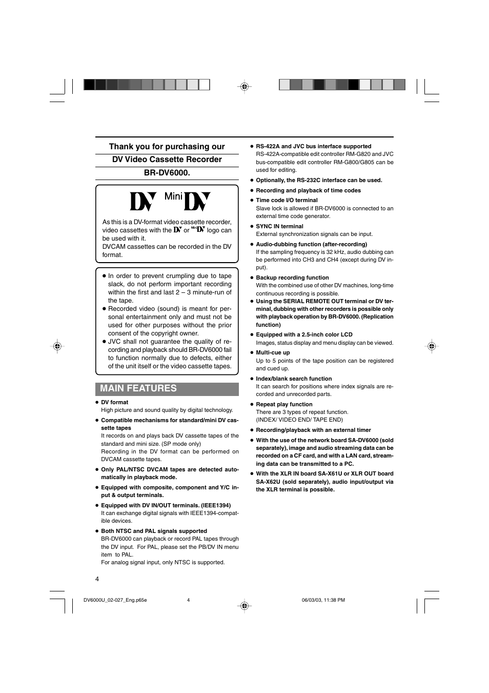 Main features | JVC BR-DV6000 User Manual | Page 4 / 106