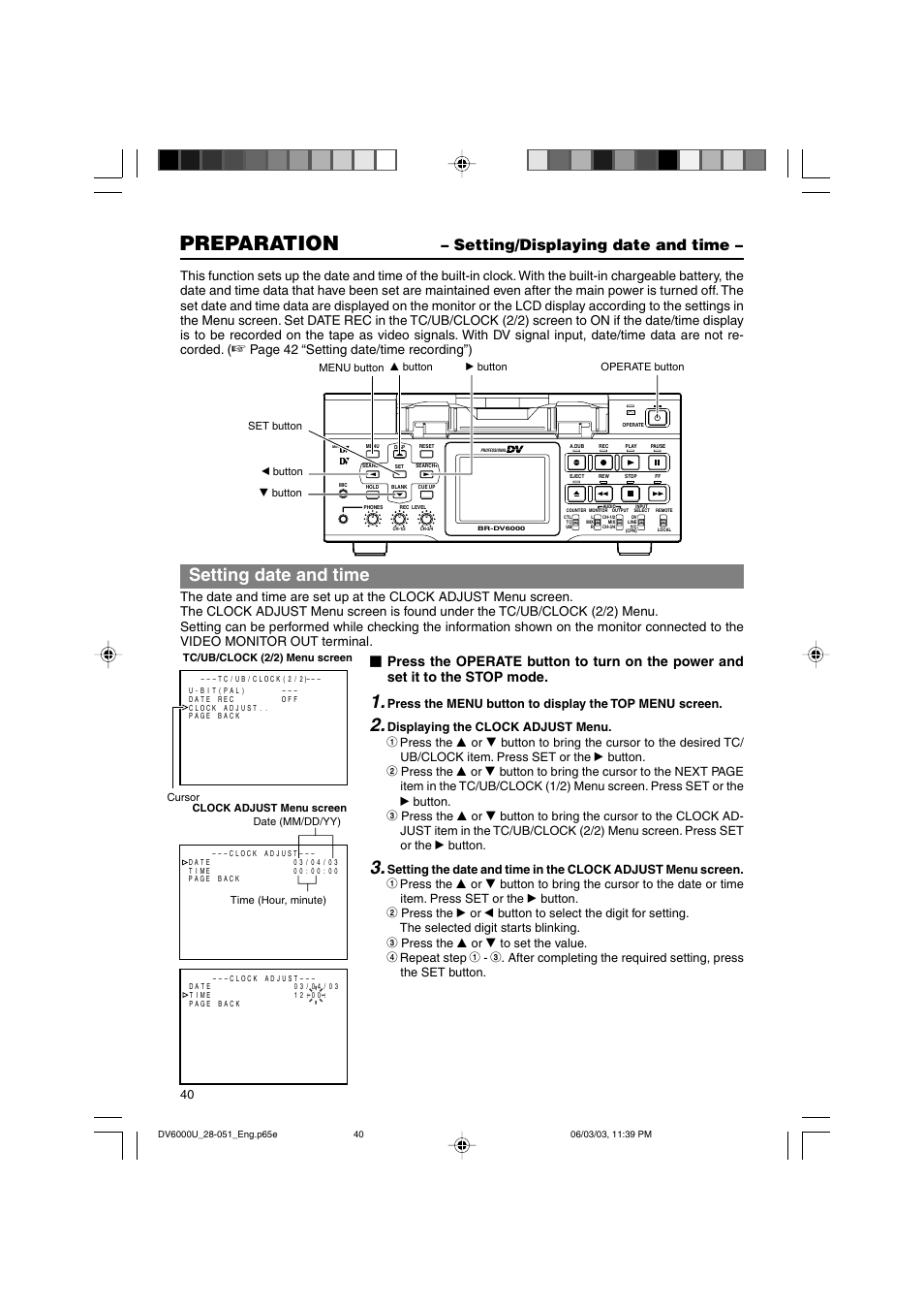 Setting/displaying date and time, Preparation, Setting date and time | Page 42 “setting date/time recording”) | JVC BR-DV6000 User Manual | Page 40 / 106