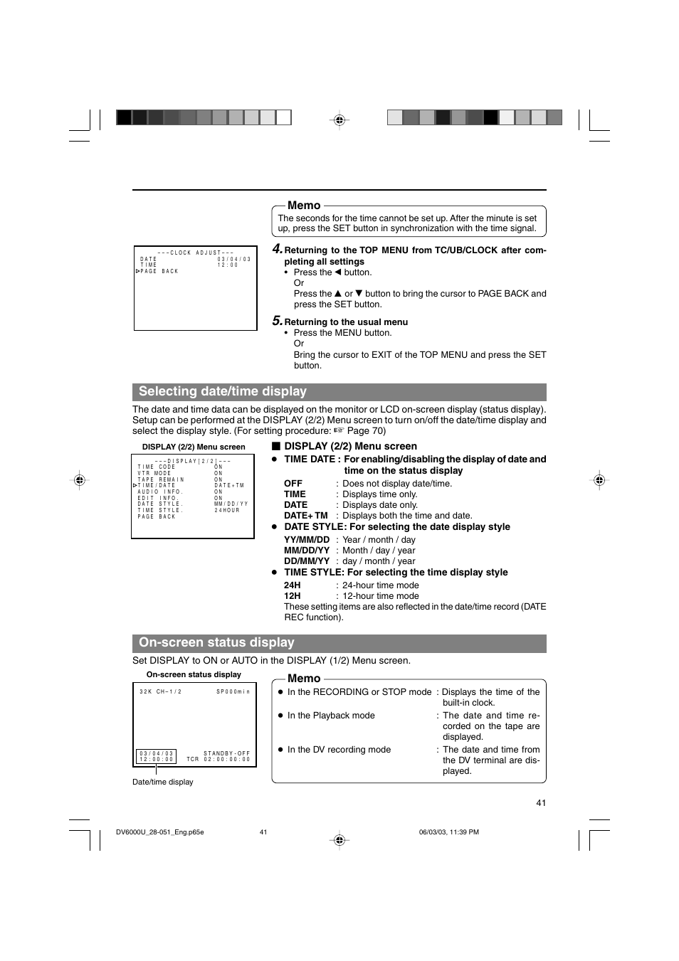 Selecting date/time display, On-screen status display, Display (2/2) menu screen | JVC BR-DV6000 User Manual | Page 41 / 106