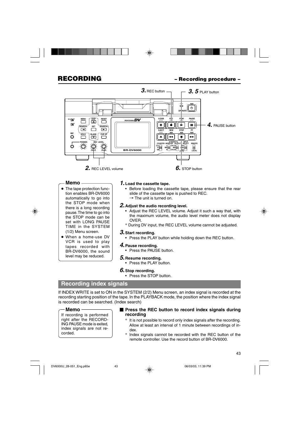 Recording procedure, Recording, Recording index signals | JVC BR-DV6000 User Manual | Page 43 / 106