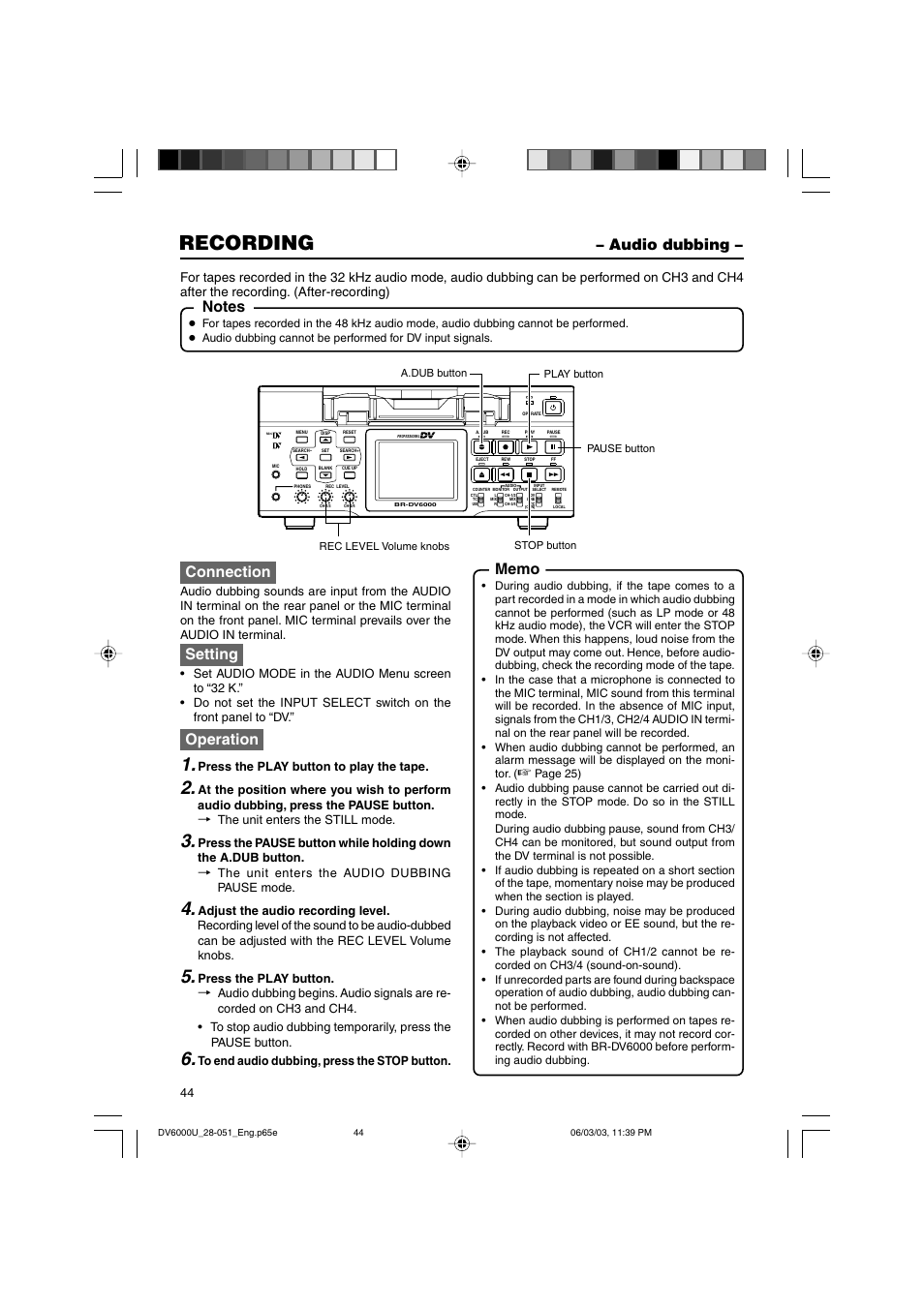 Audio dubbing, Recording, Connection | Setting, Operation | JVC BR-DV6000 User Manual | Page 44 / 106