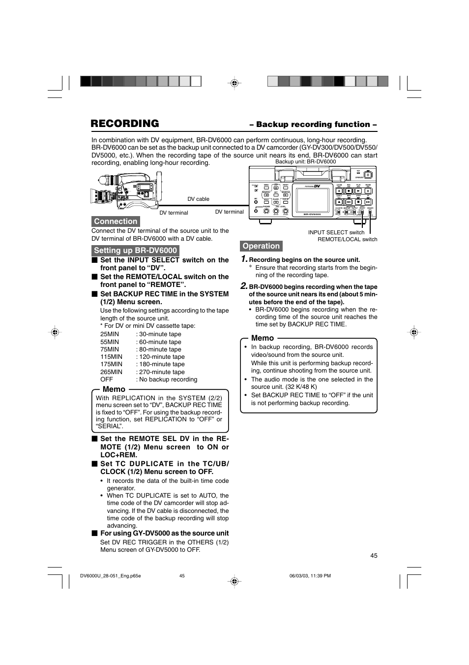 Backup recording function, Recording, Connection | Setting up br-dv6000, Operation | JVC BR-DV6000 User Manual | Page 45 / 106